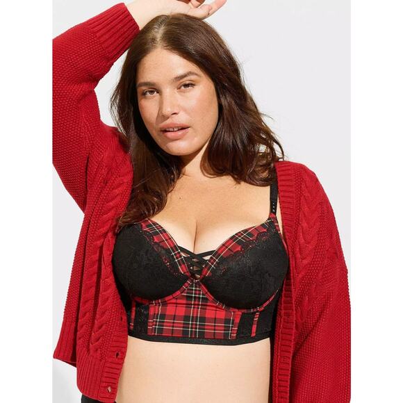 Torrid Bra Womens 44C Plunge Push Up Longline Noelle Plaid Jester Red NWT - Picture 2 of 13